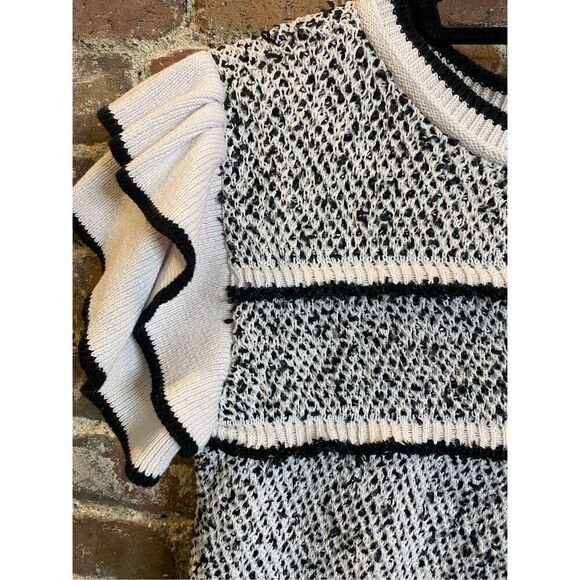 Grey Collection Latina Style Black/White Stripe Short Ruffle Sleeve Knit Sweater - Picture 4 of 7